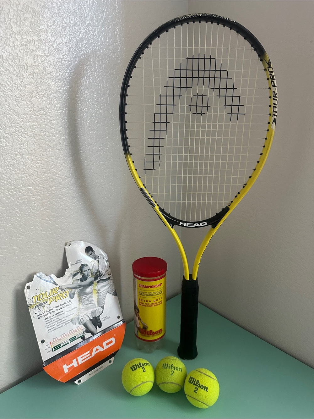 HEAD Tour Pro Tennis Racquet & Wilson Championship Extra Duty tennis balls-used